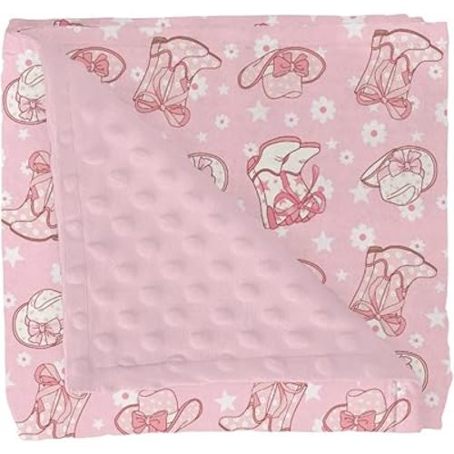 Pink Floral Bows Cowgirl Boots Hat Baby Blanket for Girl Boho Western Cowgirls Stars Soft Mink Dotted Backing Double Layer Swaddle Receiving Blanket for Toddler Nursery Country Bed Blanket 30x40