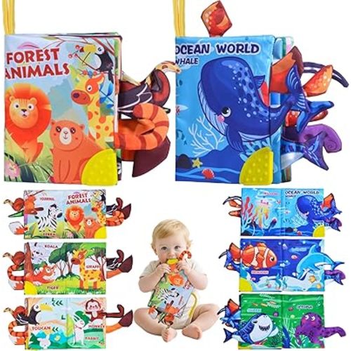 Baby Books Toys,Touch and Feel Crinkle Cloth Book for Infant Baby 0-18 Months Sensory Book for Babies,Teething Toys Tummy Time Crinkle Book for Infant Babies,Newborn Stocking Stuffers