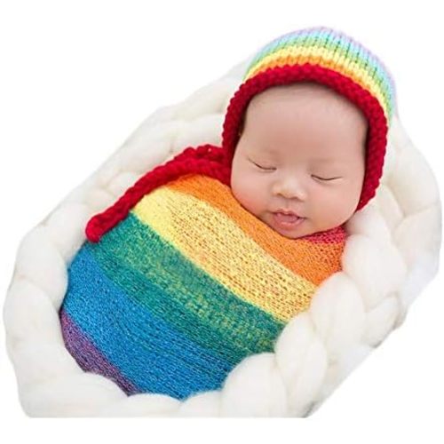 Vemonllas Newborn Photography Wrap Rainbow Wrap Blanket for Baby Photo Props | 15.74 X 59 inch Newborn Photo Shoot Outfit Hat