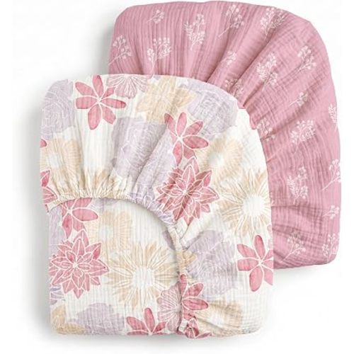 Muslin Crib Sheets for Boys Girls, Fitted 52''x28'' Organic Cotton