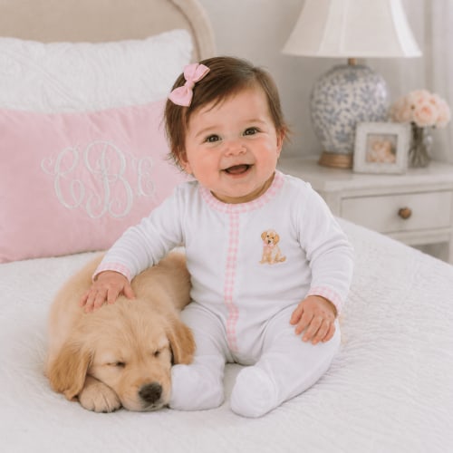 Sweet Golden Hand-Embroidered Ruffle Footie - Pink