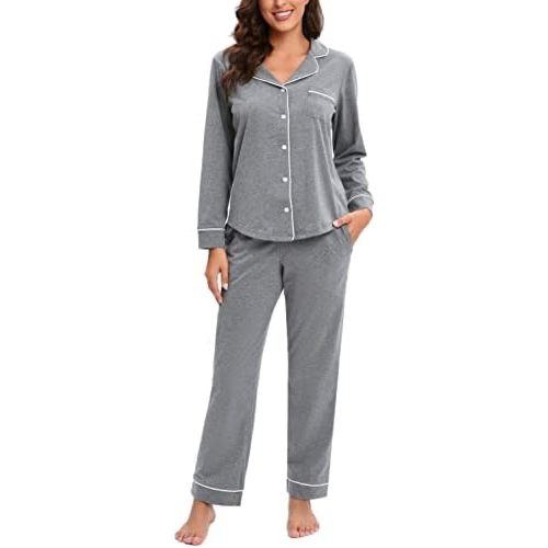 LUBOT 100% Cotton Pajamas for Women PJ Set Soft Button-Down 2 Piece Set Knitted Long Sleeve Sleepwear Loungewear XS-XXL