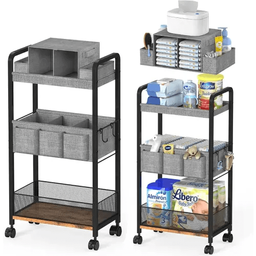 2In1 Baby Diaper Caddy & 3-Tier Rolling Diaper Cart, Caddy Organizer Cart with Dividers, Mobile Metal Bedside Carts for Baby Essentials, Rolling Carts for Newborn Nursery with Wheels, Large Capacity