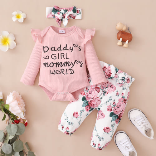 Baby Girl Infant Long Sleeve Romper Pants Headband Outfits Set Pink
