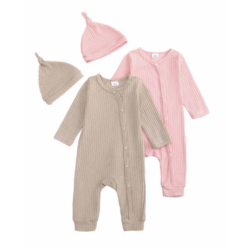 Actgleam Newborn Baby Boys Girls Pajamas with Hat Long Sleeve Button Solid Bodysuit Romper 2-Pack,6-9 Months