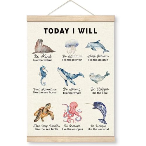 Yxadu Ocean Bedroom Decor, Ocean Animals Affirmation Poster Hanger Frame, Farmhouse Wall Decor, Canvas Wall Art Paints for Classroom Nursery, Girls Boys Nursery Playroom Toddler Kids Room decorate