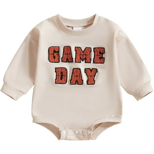 Infant Baby Boy Girl Basketball Outfit Game Day Bow Print Long Sleeve Bubble Romper Sweatshirt Newborn Fall Shirt