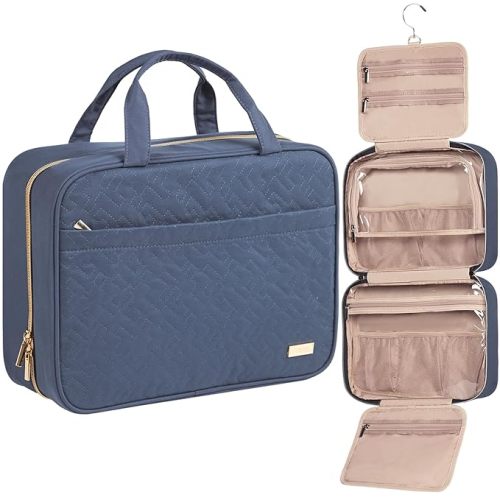 NISHEL Travel Toiletry Bag for women, Portable Hanging Organizer for Travel-Sized Shampoo, Conditioner, Brushes Set, Makeup Accessories, Medium Size, Aegean-Blue