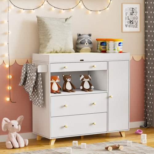 Latitude Run® Nursery Dresser With Baby Changing Table, Modern Diaper Changing Station, Dresser For Nursery With 2 Drawers & Shelves, Storage Crib With Changing Table | Wayfair