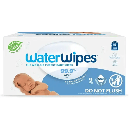 WaterWipes Plastic-Free Original-baby Wipes, 99.9% Water Based Wipes, Unscented & Hypoallergenic for Sensitive Skin, 540 Count (9 packs), Packaging May Vary