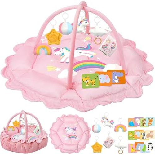 5-in-1 Baby Gym Play Mat with Cartoon Pattern, Extra Thick Plush Tummy Time Activity Gym with Hanging Toys, Sensory Development & Motor Skills Training Floor Mat, Unicorn