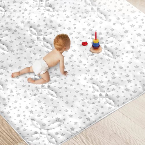 Baby Play Mat | Playpen Mat - 72" x 59", Large Padded Tummy Time Activity Mat for Infant & Toddler, Quilted with Four-Leaf Clover, White Star