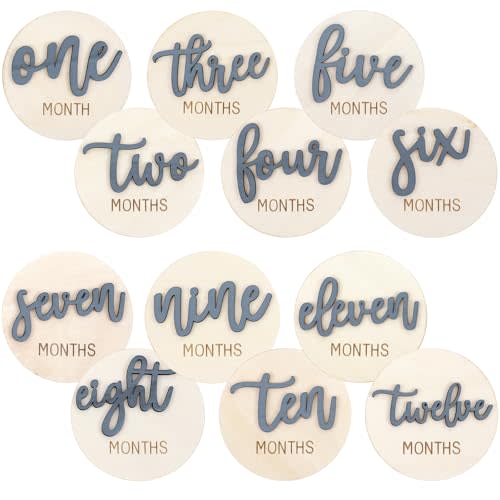 6 PCS Baby Monthly Milestone Cards, Double Sided Wooden 3D Milestone Cards Signs for Photos Announcement Sign 1-12 Months Photography Photo Newborn Keepsake Gift(Blue)