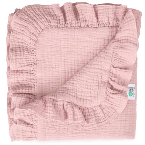 lulumoon Muslin Baby Blanket for Girls: 100% Cotton Ruffle Swaddle Blanket | Soft Reversible Crib Blanket for Newborn and Infant - Lightweight for Stroller, Nursery Decor & Travel 40"x36"(Pink)