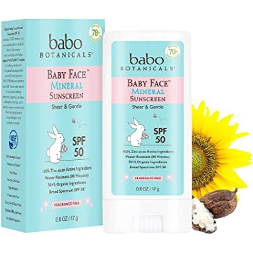 Babo Botanicals Baby Face Mineral Sunscreen Stick SPF 50 – with 70+% Organic Ingredients & Zinc Active – Water-Resistant & Fragrance-Free – 0.6 oz, 1-Pack