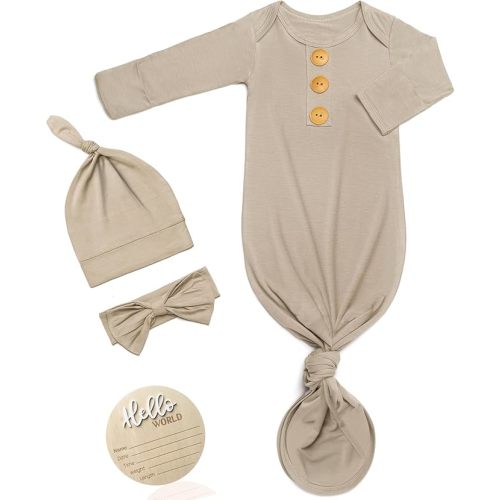 Soft Baby Knot Gown 0-3 Months, Newborn Announcement Sleepers With Mitten Cuffs and Personalized Wooden Name Tag