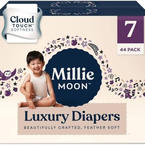 Millie Moon Luxury Diapers for Sensitive Skin – Hypoallergenic, Ultra Soft Plant-Based Disposable Toddler, 12-Hr Leak Protection & Wetness Indicator, 7 (44 Count)