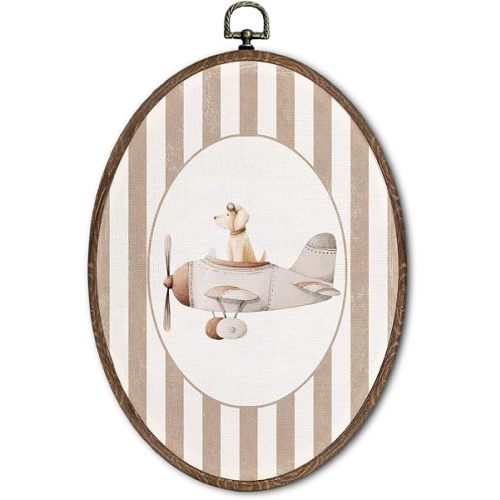 FLAWAFLOMA Vintage Golden Retriever Nursery Oval Wall Art Decor, Kids Room Canvas Wall Art Framed, Retro Airplane Hanging Decorations for Kids Toddler Boy Nursery Room Playroom Decor, 8.6x11.4 Inch