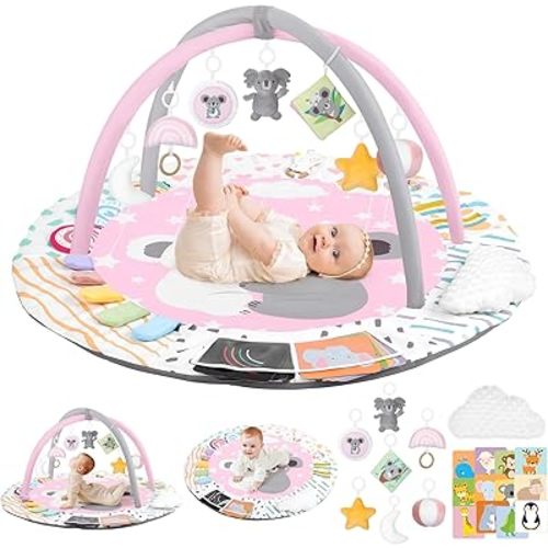 Baby Play Gym & Activity Mat, 4-in-1 Tummy Time Mat with Support Pillow, 7 Detachable Sensory Toys & Educational Cards for Motor Skills Development, Newborn Essentials Shower Gift, Pink Koala