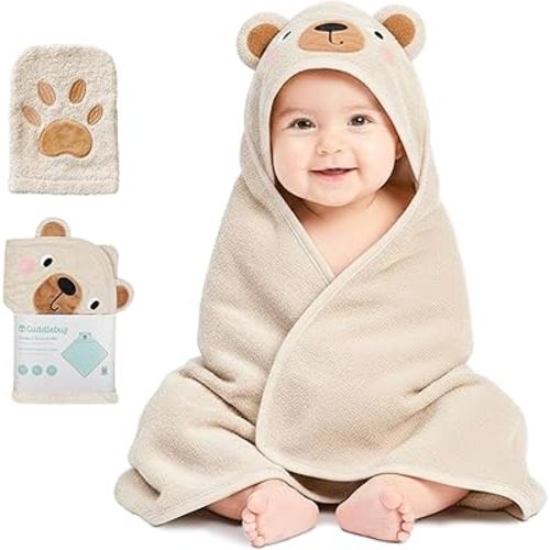 CuddleBug Hooded Baby Bath Towel & Washcloth Set (Bear) - 100% Cotton Terrycloth Hooded Baby Towels for Newborn & Toddler - Super-Soft & Absorbent, Newborn Essentials (33" x 33") - Honey Beige