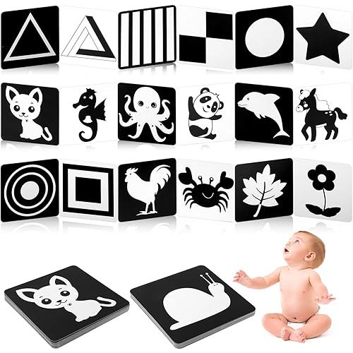 24pcs High Contrast Baby Flash Cards for Visual Stimulation, Double-Sided Black and White Early Leaning Education Card Cartoon Flash Cards Infant Newborn Baby Toys for Toddlers Kids Boys 0-3 Months