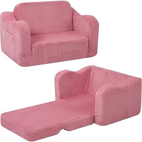 MeMoreCool Toddler Chair & Kids Couch Bed 2‑in‑1 Foldable Lounge Pink (1‑3 yrs) — Convertible Fold‑Out Seat to Sofa Bed for Toddlers, Soft Corduroy Finish, Machine‑Washable Cover, Ideal for Playrooms