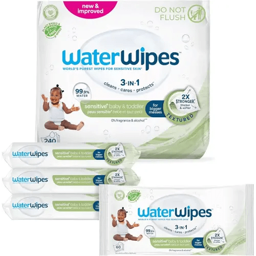 WaterWipes Sensitive+ Baby & Toddler Wipes, 3-In-1 Cleans, Cares, Protects, 99.9% Water, Textured Clean, Unscented & Hypoallergenic, 240 Count (4 Packs)