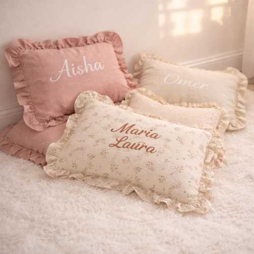 Personalized Embroidered Cotton Toddler Pillow, Ruffled Nursery Keepsake