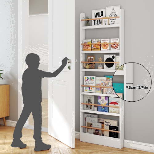 VGBYUJ Behind The Door Bookshelf, 6 Tier Slim Bookcase for Narrow Space, Space-Saving Wall Mount Narrow BookShelf for Bedroom Living Room Kitchen, White