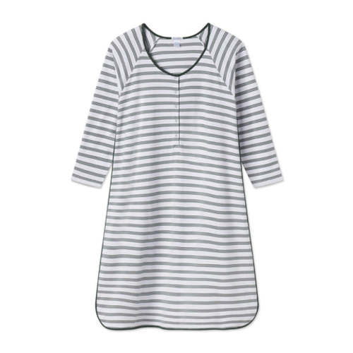 Pima Maternity Long Sleeve Nightgown in Conifer Stripe — M