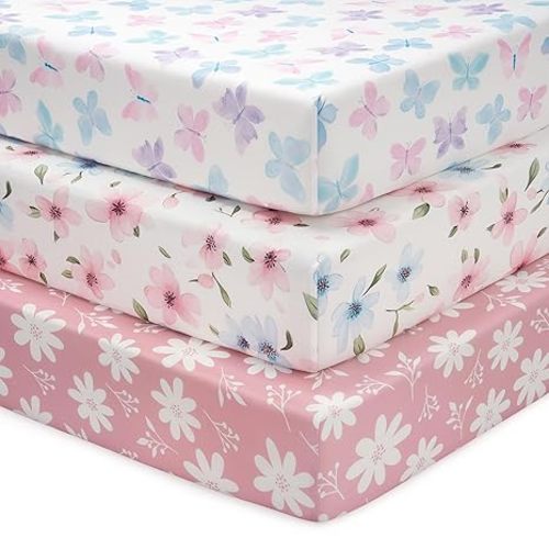 Baby Crib Sheets Girl, 3 Pack Toddler Bed Sheets Fit for 52”x28” Standard Crib and Toddler Mattresses, Super Soft Microfiber Pink Butterfly Flower