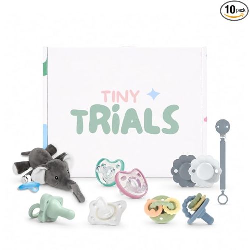 Pacifier Trial Pack Variety Box for Newborns 0–6 Months – 9 BPA-Free Silicone Baby Pacifiers + Pacifier Clip (Dr Brown's, Nuby, Dr. Talbot’s, Chicco, Suavinex) – Baby Registry Must-Have, Tiny Trials
