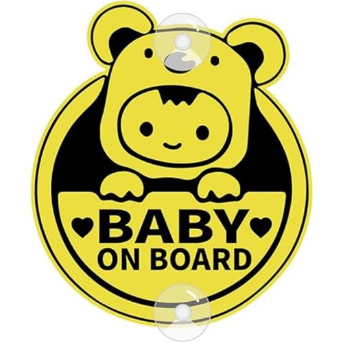 Assured Signs Baby On Board Sign with Suction Cups,Baby Safety Warning Decal for Cars- Bright Yellow, Durable and Strong Suction (Bear Baby on Board)