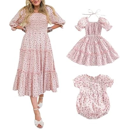 Mommy and Me Dress Mother and Daughter Matching Family Outfits Summer Mom and Girls Square Neck Maxi Dress