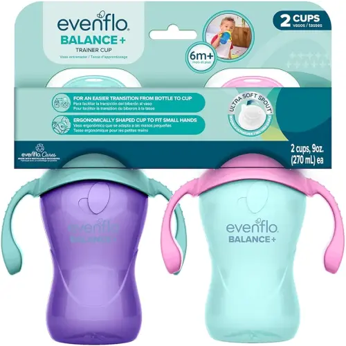 Evenflo Balance+ Trainer Cups for Babies 6+ Months, Purple and Mint, Ergonomic Design with Handles, 9oz, 2 Pack