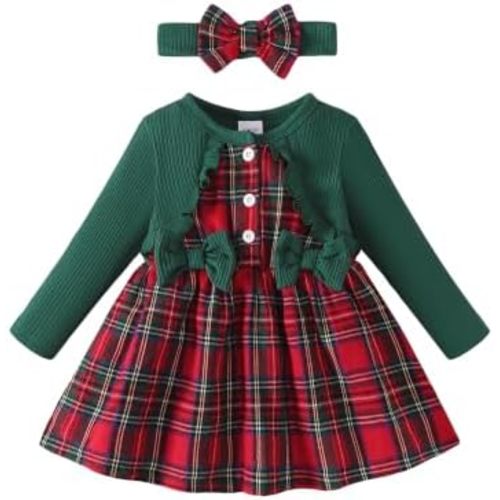 Renotemy Baby Girl Dress Fall Button Bow Outfits Toddler Clothes 3M-3T