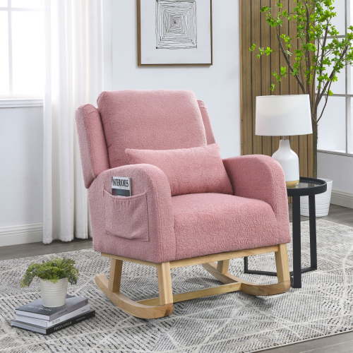 Nursery Glider Rocking Chair with Lumbar Pillow & Side Pockets, Modern High Back Recliner Lounge Chair with Armrest, Leisure Side Chair with Non-Slip Feet for Living Room, Bedroom, Office, Pink