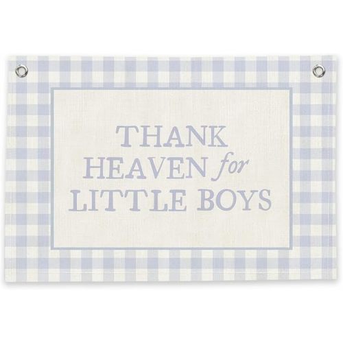 RTXLEZM Baby Boy Nursery Decor, Boys Room Decor,Nursery Thank Heaven for Little Boys Large Canvas Banner Flag Print,Blue Gingham Wall Art Hanging for Toddler Playroom Bedroom Kids room，36x24