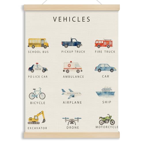 MOTERMATE Vehicle Classroom Poster Hanger Frame, Boy Nursery Wall Hanging Decor Art Framed for Toddler Kids Boys Room Bedroom Playroom Classroom, Transport Vehicle Wall Poster Prints, 12x16 Inch