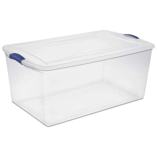 Sterilite 105 Quart Latch Box, Clear Plastic Storage Bin with Clear Lid, Blue Latch