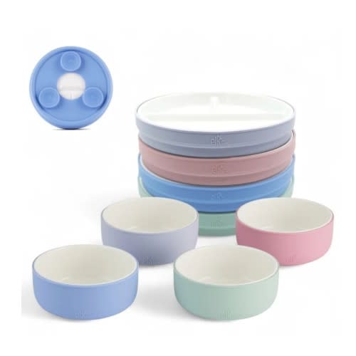Kids Porcelain Mealtime Bundle | Suction Sleeves | 6.7" Plates + Bowls | 8 Pcs | Blush/Lilac/Sage/Misty Blue