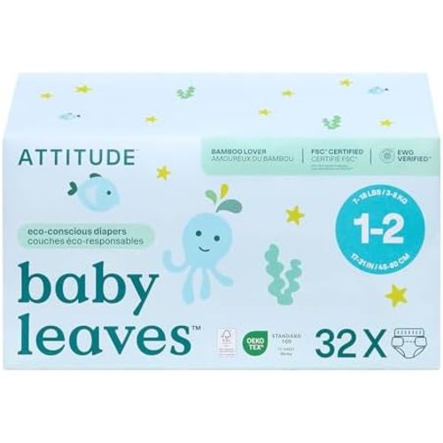 Attitude Eco-Conscious Disposable Diapers, EWG Verified, Size 1/2 (7-17 lbs), Ultra Absorbent for Baby, Vegan & Plant-Based, 32 Count