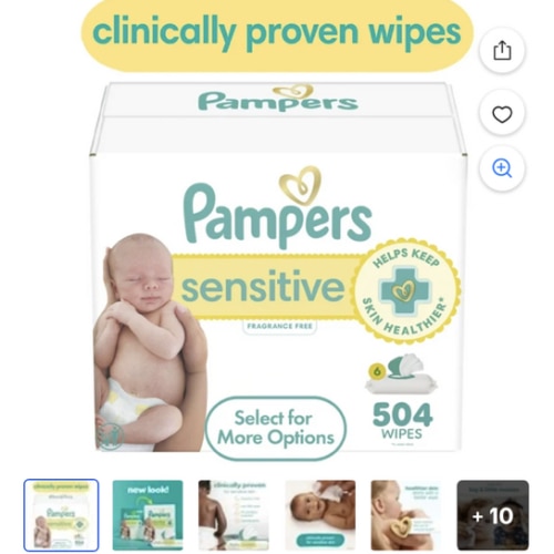 Pampers Baby Wipes Sensitive, Water Based Hypoallergenic and Unscented 504 Total (6 Flip-Top Packs)