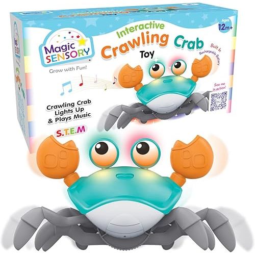 Interactive Crawling Crab Baby Toy – Cute Walking Crab Toy for Toddlers 18+ Months with Lights, Music & Obstacle Avoidance – Rechargeable Sensory Toys for Babies & Kids – Blue