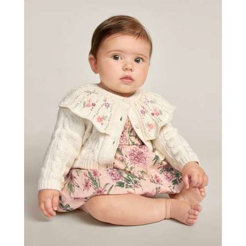 Baby Girls Embroidered Floral Cable Knit Ruffle Cardigan - Countryside Manor - Cream