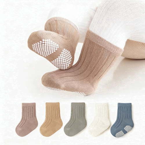 Baby Toddler Socks, Non-Slip Infant Solid Color Cotton Socks Kids Walking Socks For Boy Girl-5 Pairs,0-12M