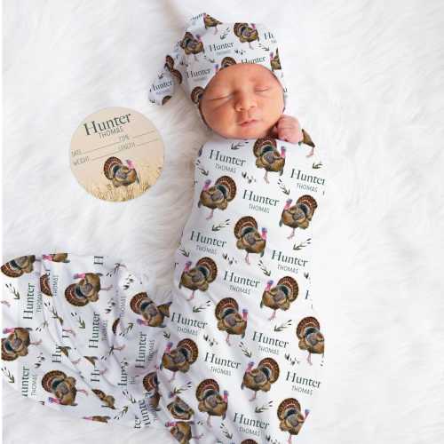 Turkey Swaddle, Wild Turkey Swaddle Bundle Option, Personalized Swaddle Blanket, Turkey Hunter Baby Swaddle, Turkey Birth Stat Sign, W60