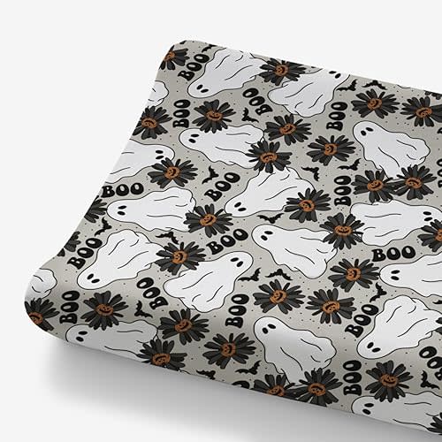 HawSkgFub Spooky Halloween Ghost Jack O Pumpkin Changing Pad Cover for Baby Girl Boy, Black Boo Daisy Flower Bat Diaper Change Table Sheet, Soft Stretchy Safe Snug Fitted Changing Mat Fit 32/34 x 16