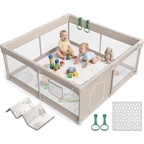 ZEEBABA Baby Playpen with Mat, Playpen for Babies and Toddlers, Small Baby Play Pens, Play Yard for Infants with Play Mat, 47x47inch Playard with Gate