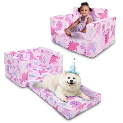 Beavtaens Toddler Sofa, 2-in-1 Dinosaur Flip Open Toddler Couch, with Side Pocket, for Ages 18 Months+